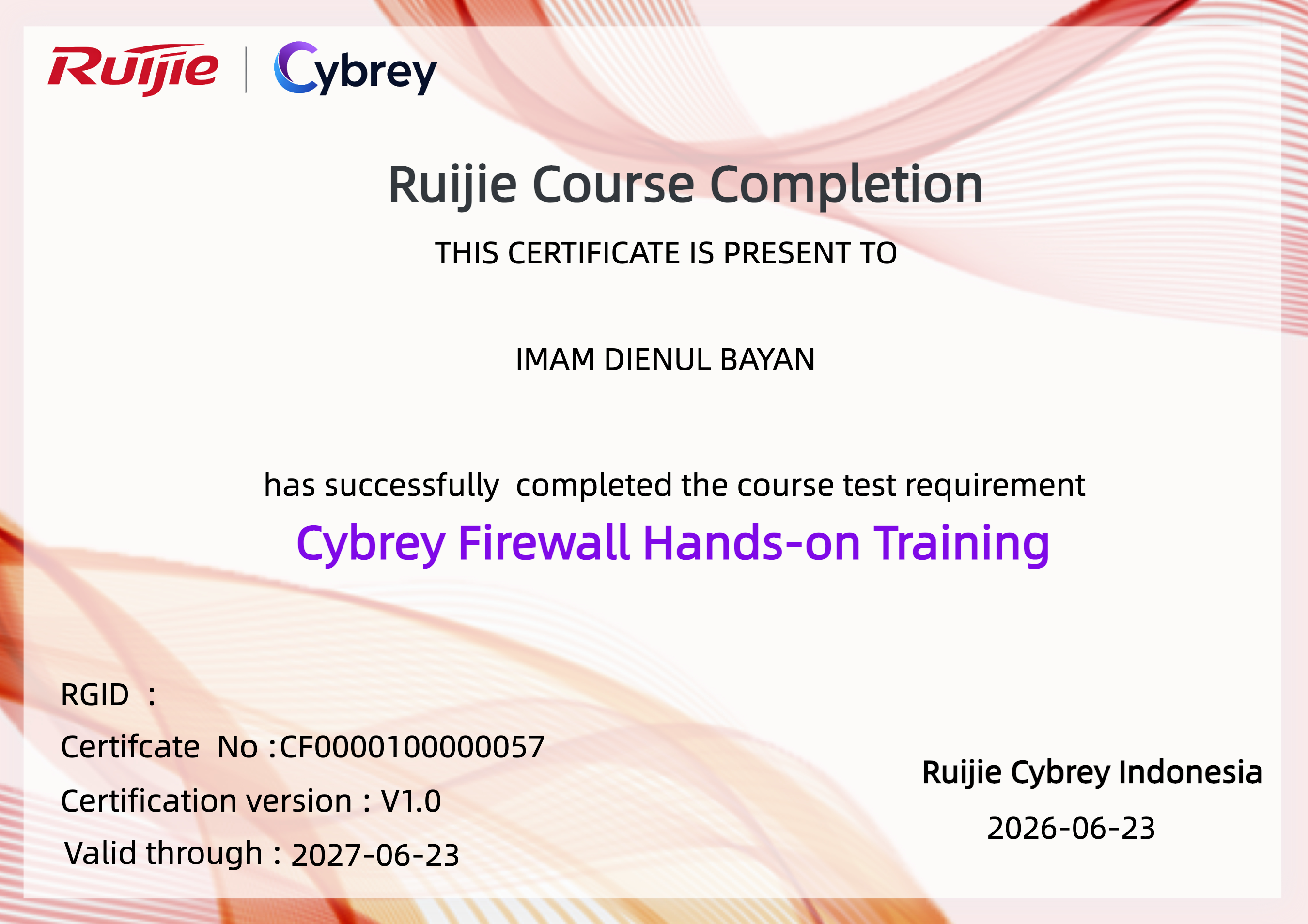 Cybrey Firewall Training Certificate